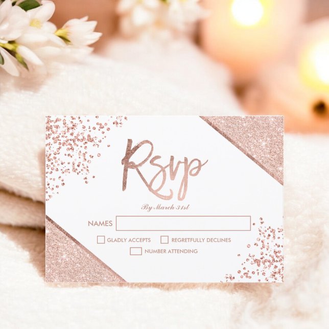 Rosa purpurina de oro confetti boda rsvp blanco (Rose gold glitter confetti white rsvp wedding)