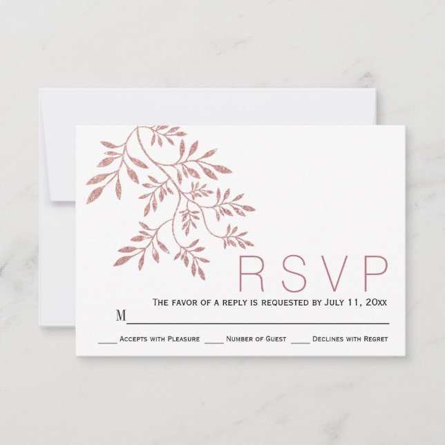 Rosa purpurina de oro deja boda moderna RSVP (Anverso)