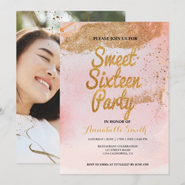 rosa purpurina de oro dulce 16 invitación (Anverso / Reverso)