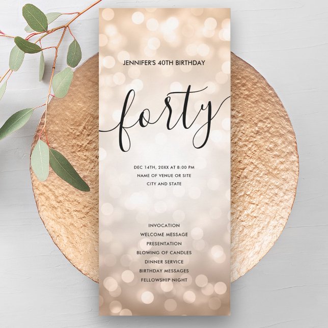 Rosa Purpurina de oro enciende 40 programas de cum (Rose Gold Glitter Lights 40th Birthday Programs )