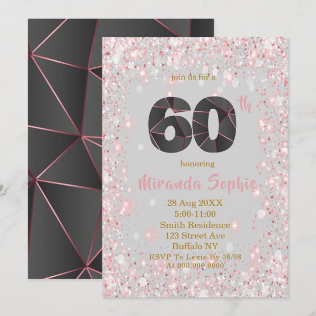 Rosa Purpurina de Oro Invitaciones a cumplir 60 añ (Anverso / Reverso)