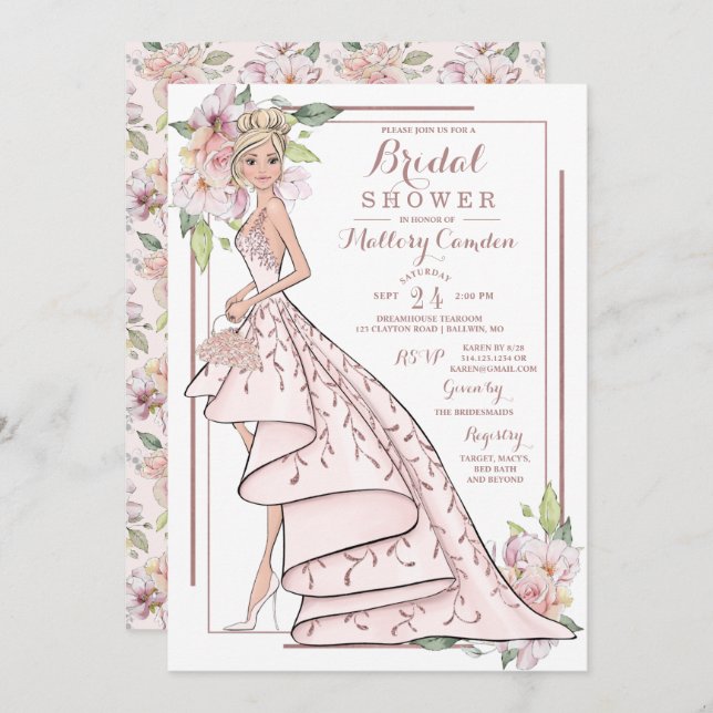 Rosa Purpurina de oro Novia Invitación a ducha de  (Anverso / Reverso)