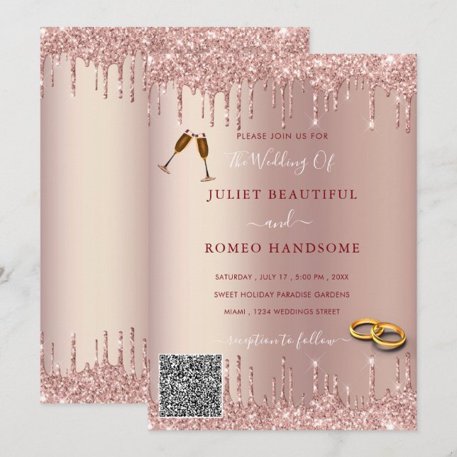 Rosa Purpurina de Oro Tu Invitación de Boda de Cód (Anverso / Reverso)