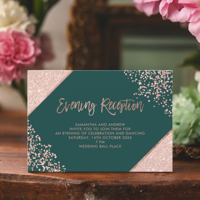 Rosa purpurina dorado guión verde recepción noctur (Rose gold glitter green script evening reception enclosure card)