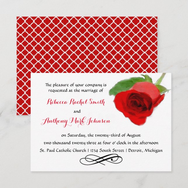 Rosa Roja Acuarela - Invitación de Boda 3x5 (Anverso / Reverso)