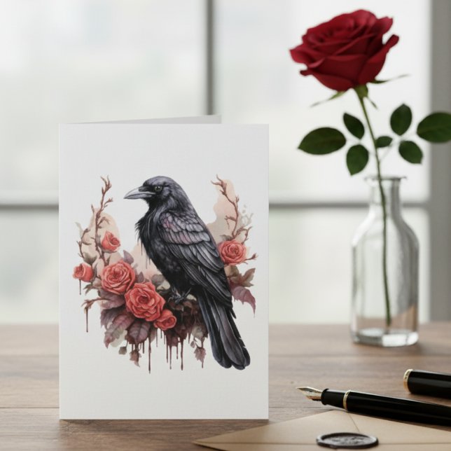 Rosa Roja Cuervo Gótico Academia Oscura (Black raven with roses blank note card)