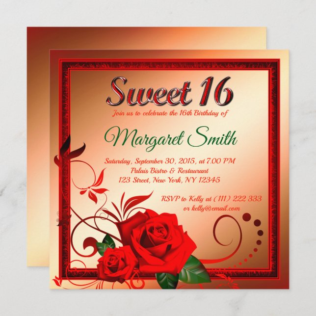 Rosa roja dorada dulce 16 invitación (Anverso / Reverso)