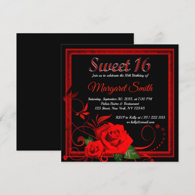 Rosa roja dorada dulce 16 invitación v2 (Anverso / Reverso)