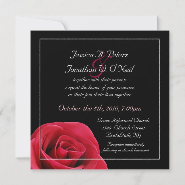 Rosa roja en invitación de boda negra (Anverso)