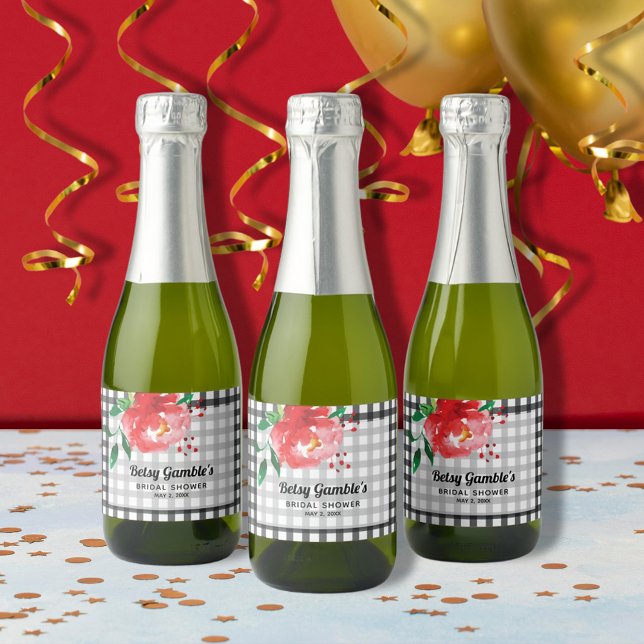 Rosa roja en negro cheque mini esparkling etiqueta (Red rose on black and white gingham mini sparkling wine bottle labels)