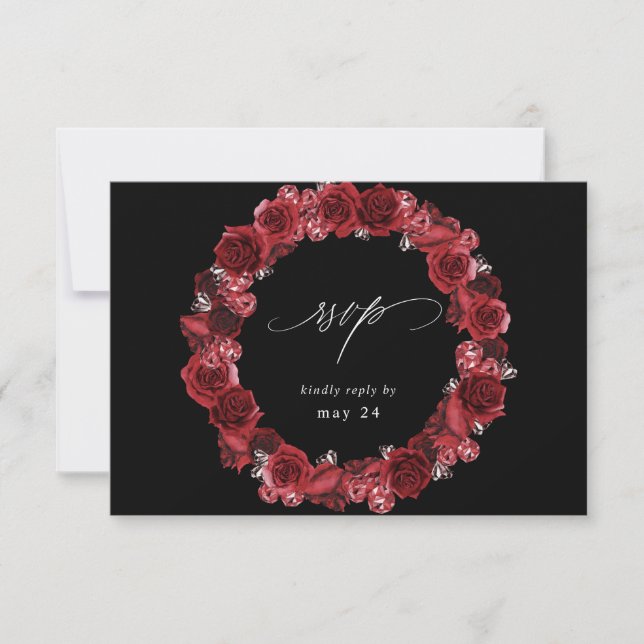 Rosa Roja Floral & Cristal con Comida RSVP - Negro (Anverso)
