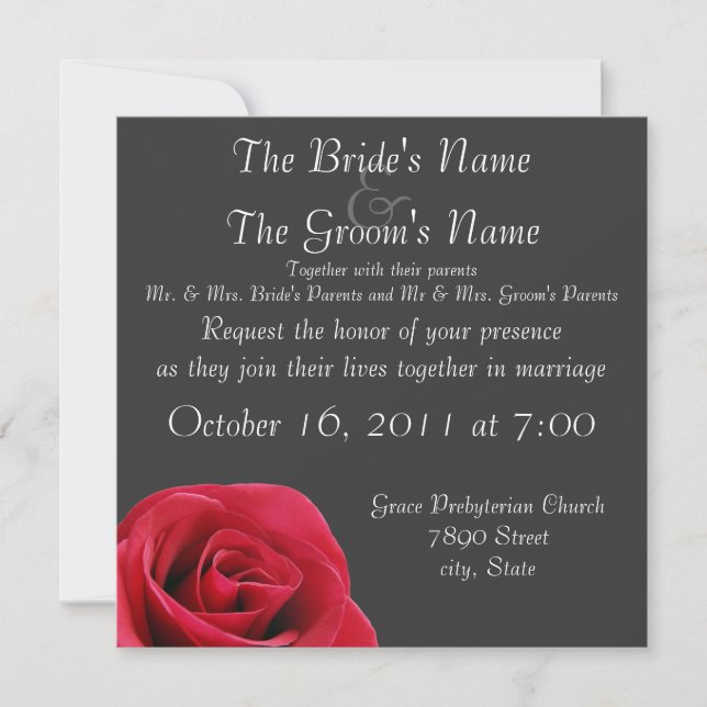 rosa rojo en invitaciones de boda grises (Anverso)