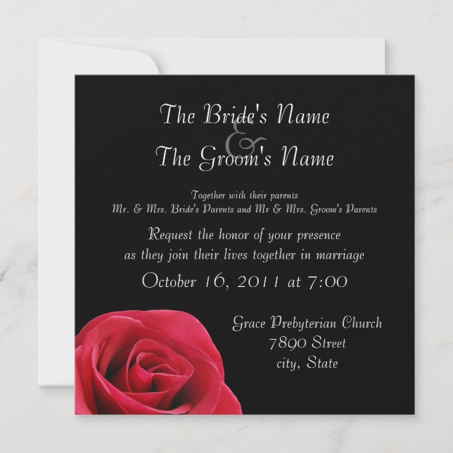 rosa rojo en invitaciones de boda negras (Anverso)