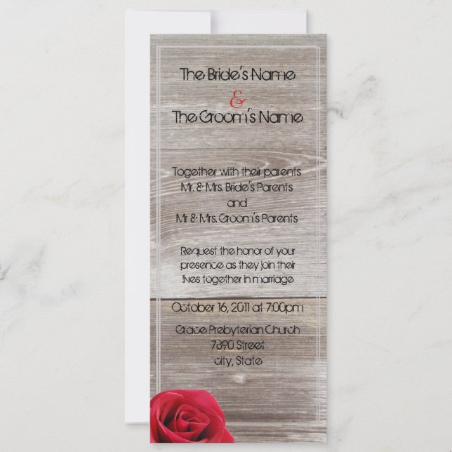 rosa rojo en las invitaciones de boda largas de ma (Anverso)