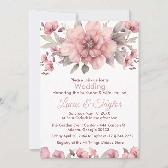 Rosa rosa con invitación a la boda verde (Anverso)