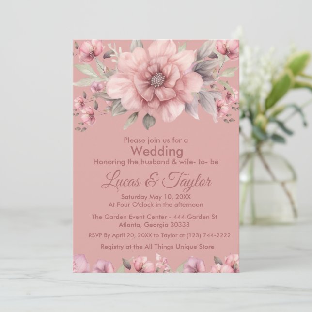 Rosa rosa con invitación a la boda verde (Anverso de pie)