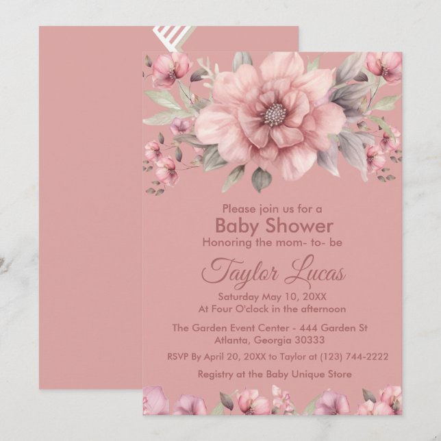 Rosa rosa con la invitación de Baby Shower verde (Anverso / Reverso)