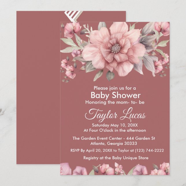 Rosa rosa con la invitación de Baby Shower verde (Anverso / Reverso)
