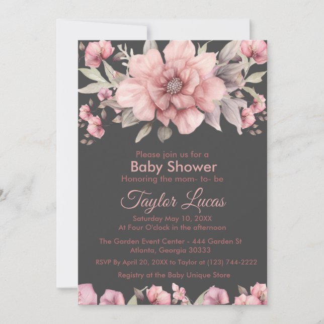 Rosa rosa con la invitación de Baby Shower verde (Anverso)