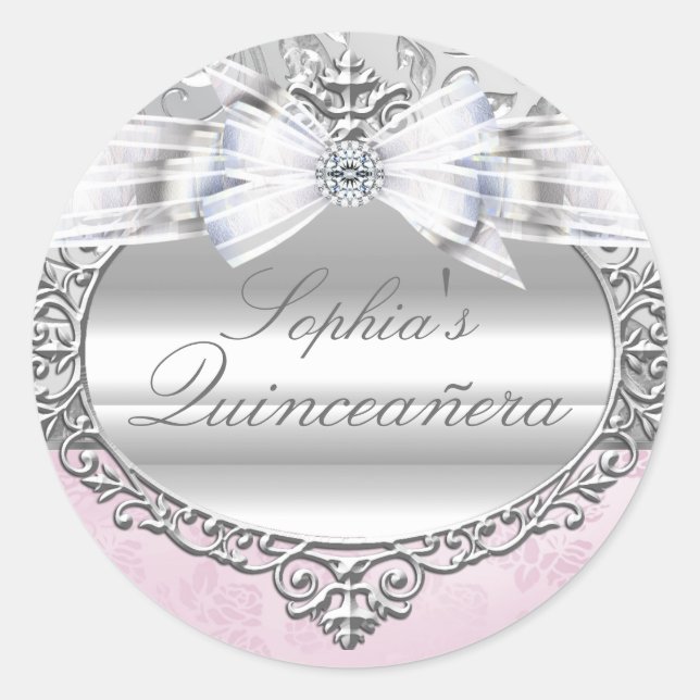 Rosa rosa y plateado Quinceanera Pegatina (Anverso)