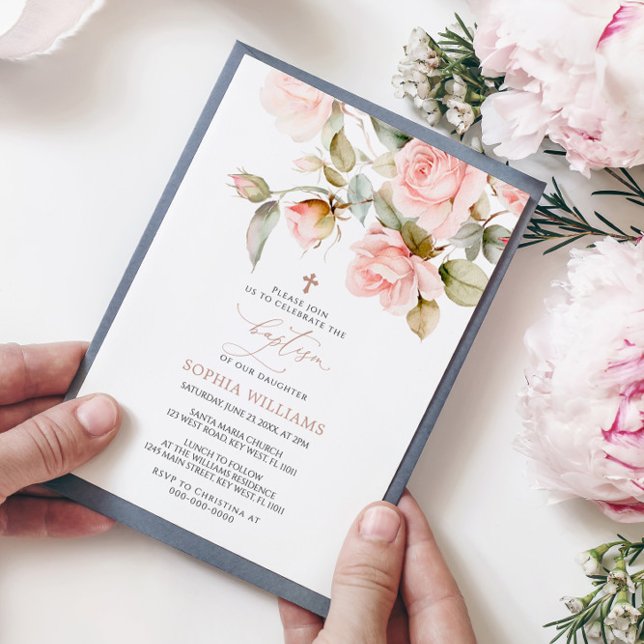 Rosa rosa y verde deja invitación al bautismo (Subido por el creador)
