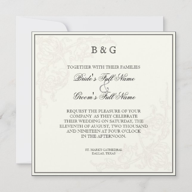 Rosa rosada botánica, negro - Invitación a la boda (Anverso)