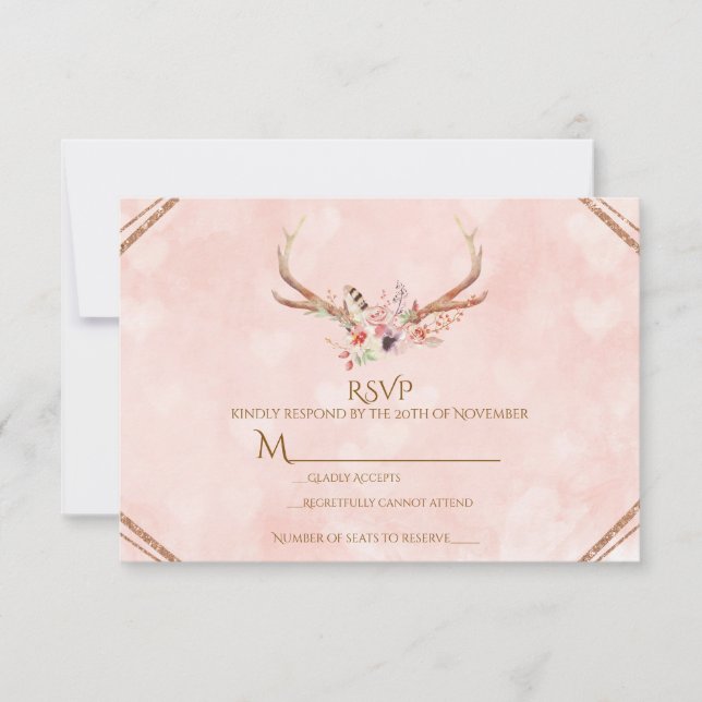 Rosa Rubor Pink Floral Deer Antlers Boho RSVP (Anverso)