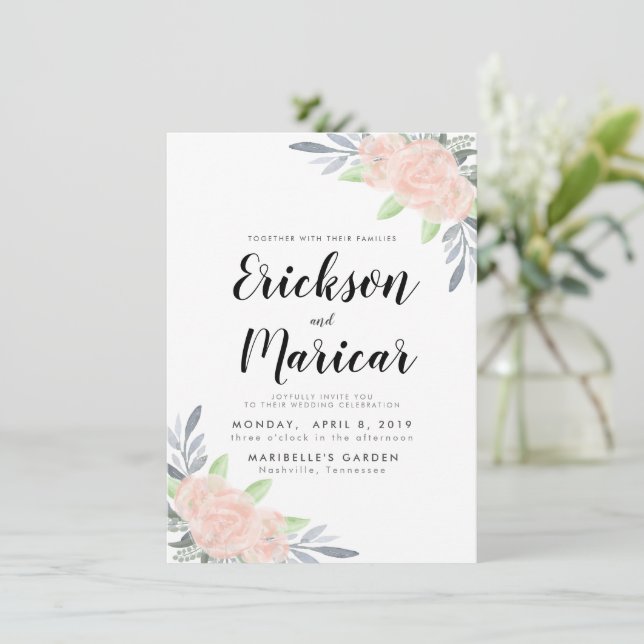 Rosa Rubor y Floral Gris | Invitación de Boda (Anverso de pie)