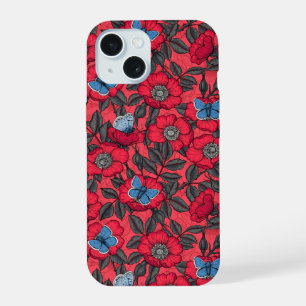 Rosa silvestre y mariposas en rojo y azul