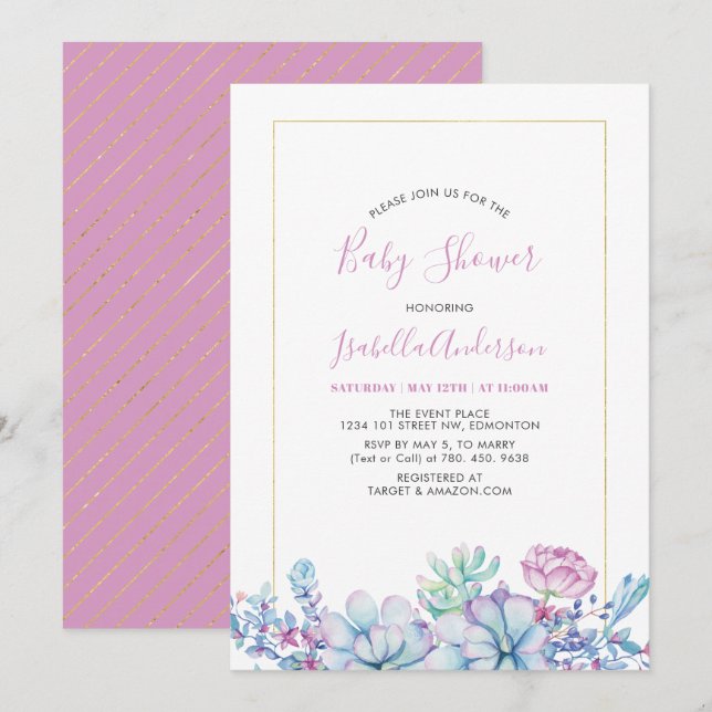 Rosa | Suculentas Tropicales Invitación de Baby Sh (Anverso / Reverso)