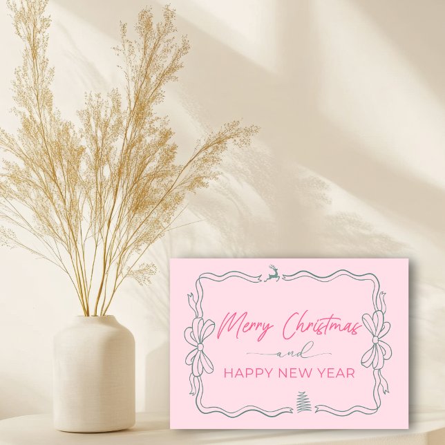 Rosa: Tarjeta doblada de fideos navideños y árbole (Pink: Bow & Trees Doodles Holiday Folded Card)