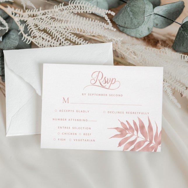 Rosa Tropical Gold Leaf White Wedding Moderno RSVP (Subido por el creador)