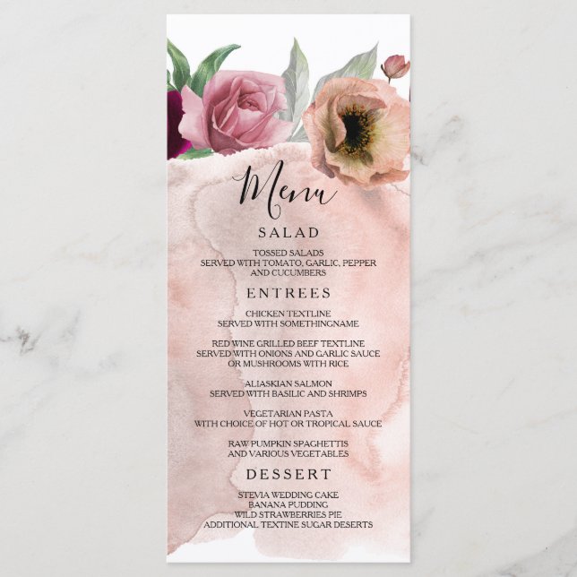 Rosa Vintage Boda Floral Menús (Anverso)