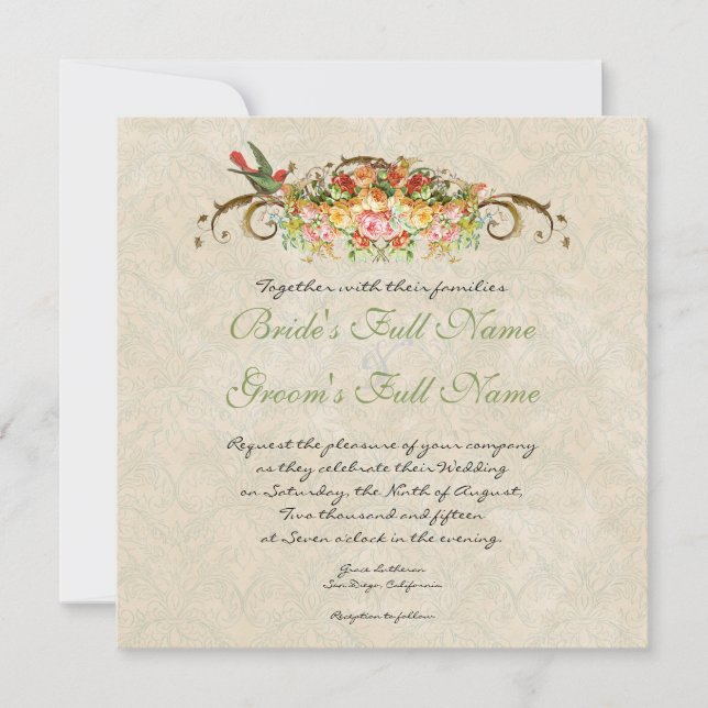 Rosa vintage en aves, Invitación a la boda (Anverso)