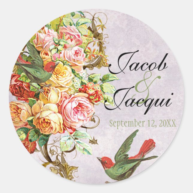 Rosa vintage en aves, Pegatina Sello Guardar fecha (Anverso)