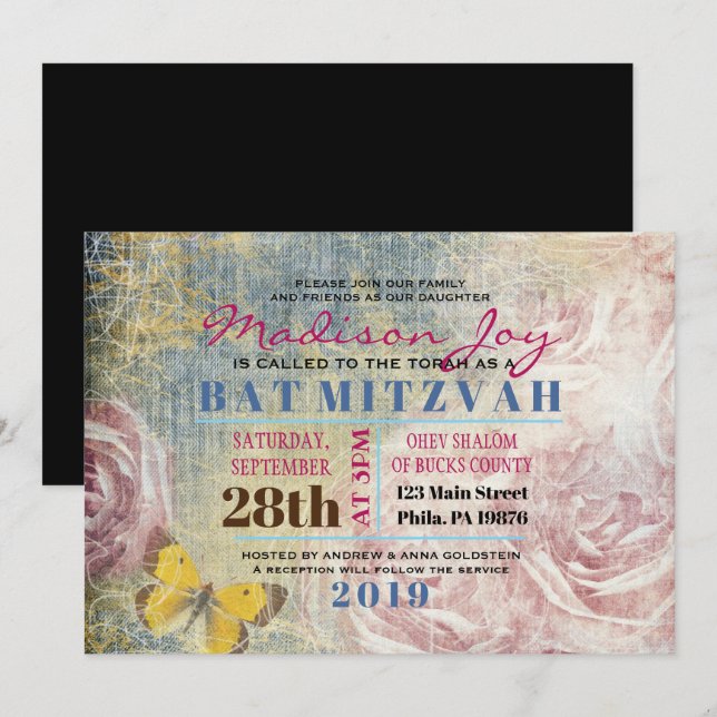 ROSA VINTAGE & MARIPOSAS Invitación Bat Mitzvah (Anverso / Reverso)