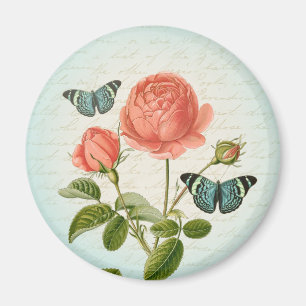 Rosa vintage y mariposa floral imán