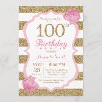 Rosa y 100a invitación del cumpleaños del oro