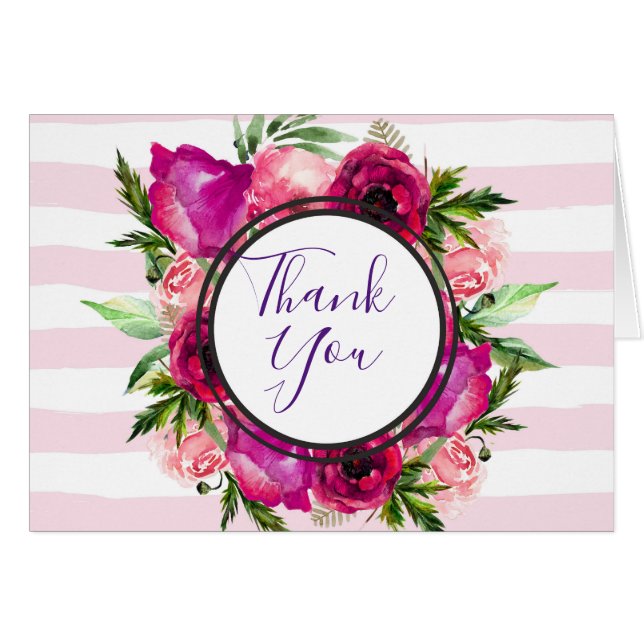 Rosa y amapola Floral con franjas rosadas Gracias (Anverso (Horizontal))