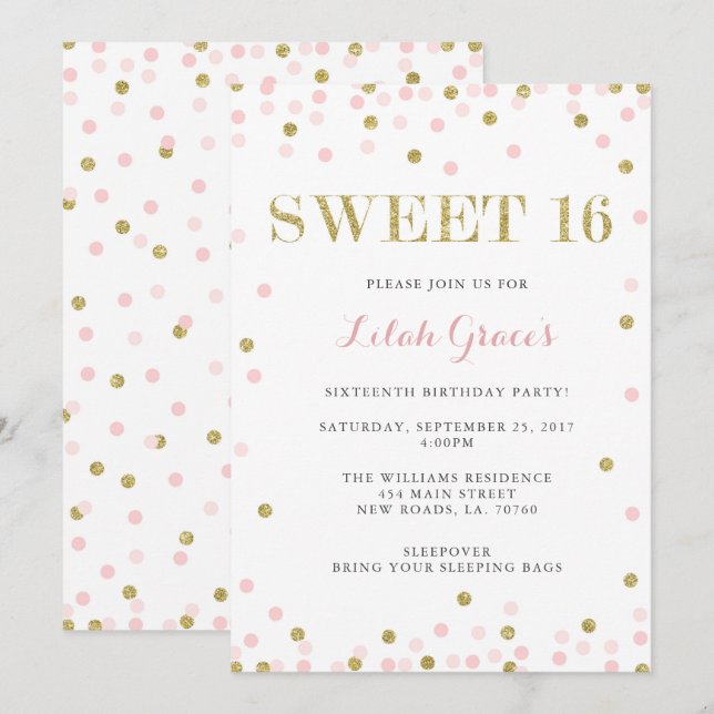 Rosa y dulce del oro 16 invitaciones del (Anverso / Reverso)