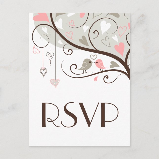 Rosa y gris | Postal RSVP Cute Lovebirds Wedding (Anverso)