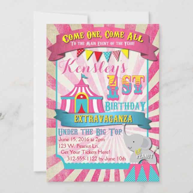Rosa y turquesa de la invitación del circo (Anverso)