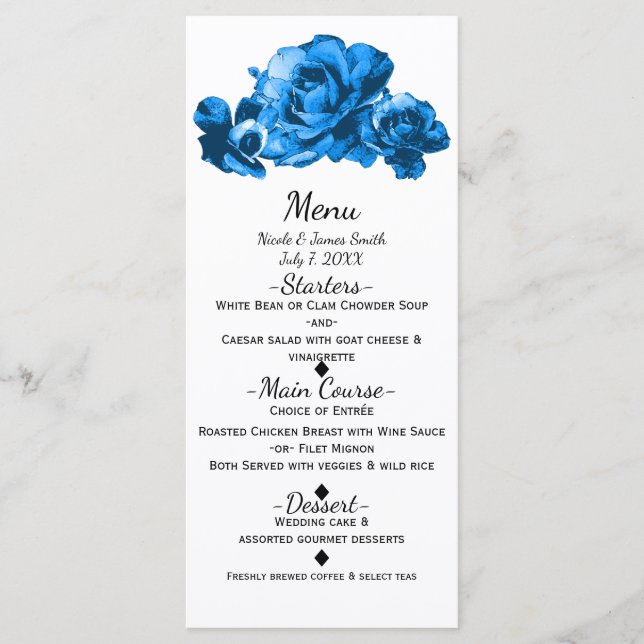 Rosas Acuarela Azules Menú de Boda Elegante (Anverso)
