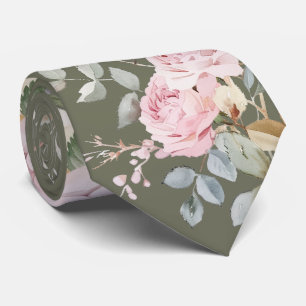 Rosas acuarela en corbata de cuello verde oliva