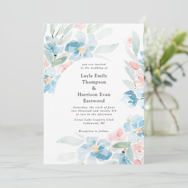 Rosas acuarelas e invitación a la boda azul (Anverso de pie)