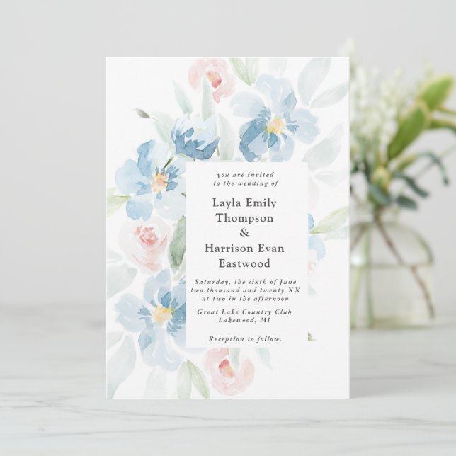 Rosas acuarelas e invitación a la boda azul (Anverso de pie)