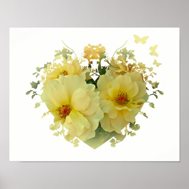 Rosas Amarillas Corazón en Póster Blanco (Frente)