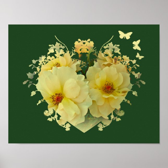 Rosas Amarillas Corazón en Póster Verde (Frente)