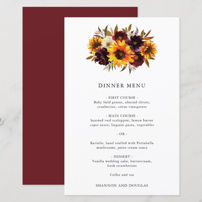 Rosas Amarillas de Otoño Menú de Boda (Anverso / Reverso)
