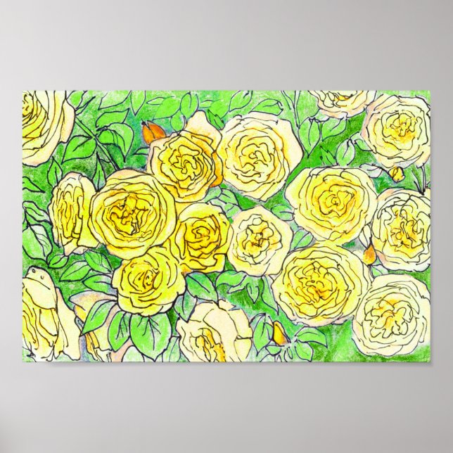 Rosas amarillas, hojas verdes Subió arte floral en (Frente)